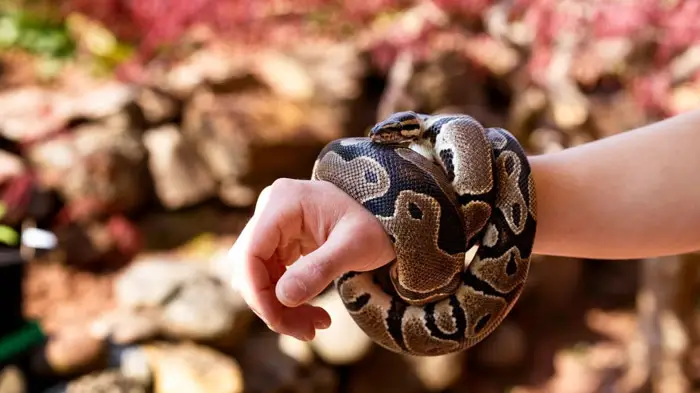 Ball python climbing on hand